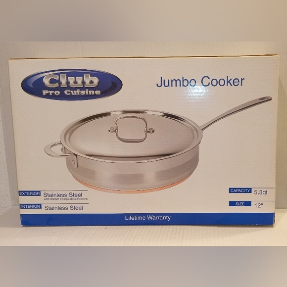 Club Pro Cuisine Stainless Steel 12" Frying Pan Jumbo Cooker w/ Copper Bottom - Picture 2 of 8
